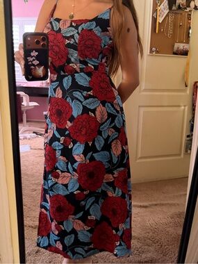 Floral Midi Slip Dress in Black with Red Roses
